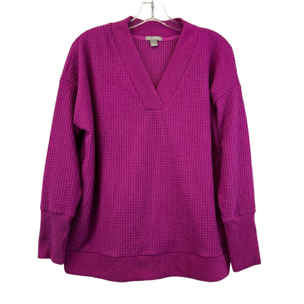Falls Creek Womens V-Neck Long Sleeve Waffle Knit Sweater Fuchsia Large